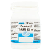 A white plastic bottle labeled "Aspar - Paracetamol 16 Tablets - 500mg," featuring usage instructions and warnings, contains 16 tablets for effective pain relief.